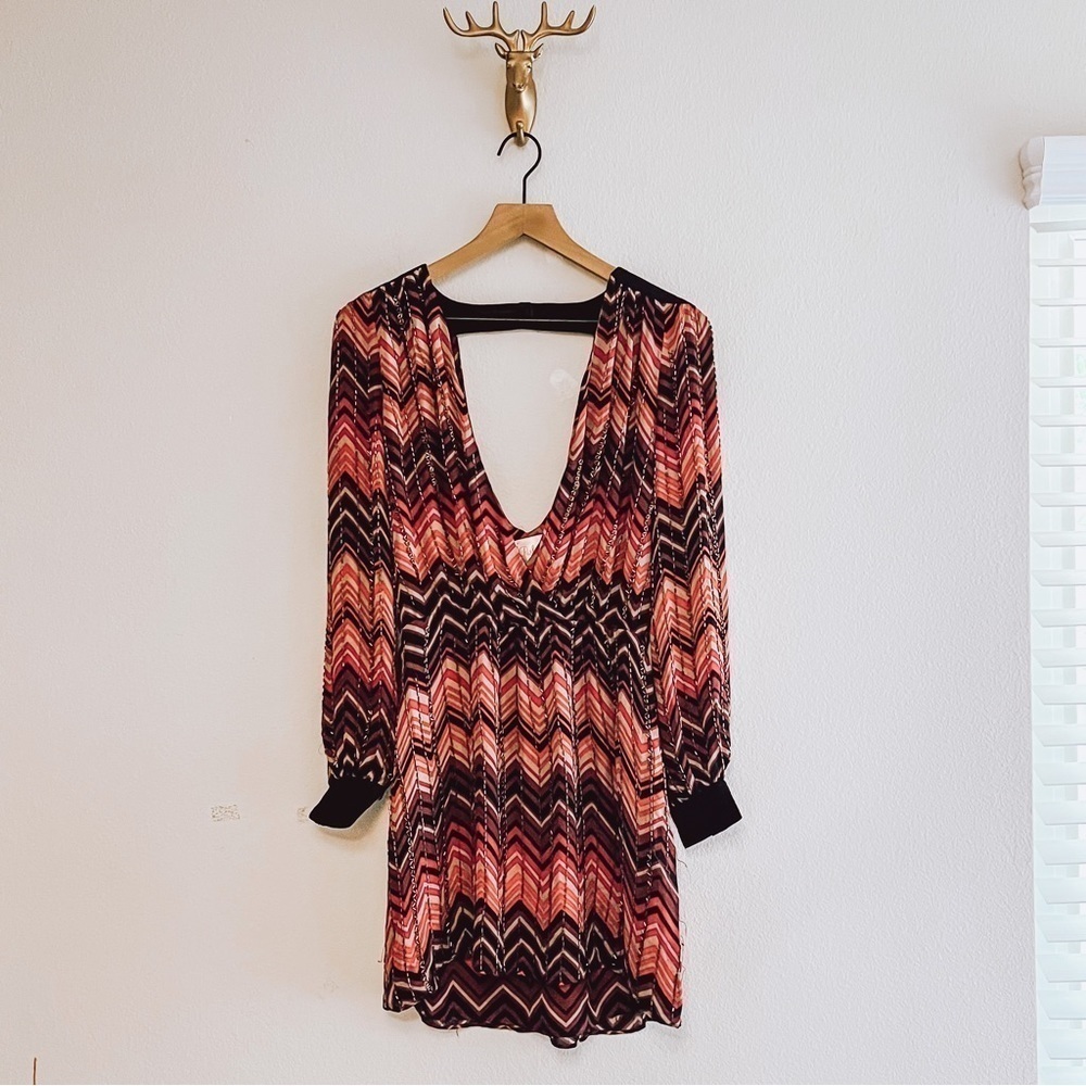 PARKER Women's Red/Orange/Black Keyhole Cut Out Silk Long Sleeve Midi Dress Sz L